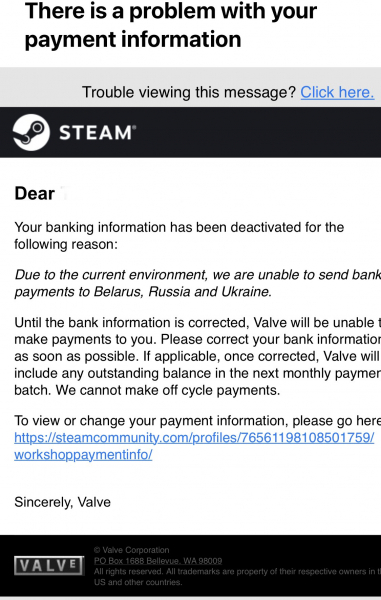 Steam заблокував платежі розробникам з України